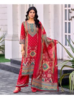 MOJILAA - Red Round Neck Printed Kurta with Palazzo with Dupatta