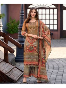 MOJILAA - Brown Round Neck Printed Kurta with Palazzo with Dupatta