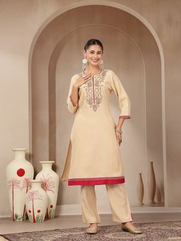 Nayam by lakshita - White Round Neck Embroidered Kurta with Pant