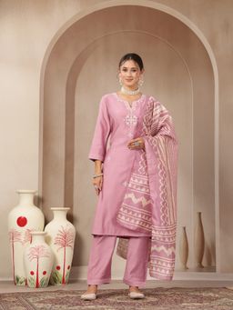Nayam by lakshita - Pink Round Neck Embroidered Kurta with Pant with Dupatta