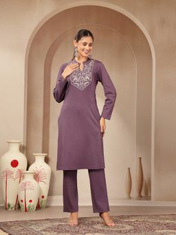 Nayam by lakshita - Purple Mandarin Neck Embroidered Kurta with Pant