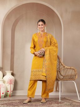 Nayam by lakshita - Mustard Mandarin Neck Printed Kurta with Pant with Dupatta