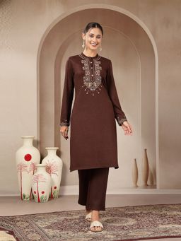 Nayam by lakshita - Brown Mandarin Neck Embroidered Kurta with Pant
