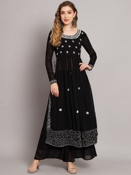 Poshak Hub - Black Round Neck Embroidered Women Kurta with Sharara