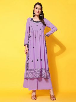 Poshak Hub - Lavender Round Neck Embroidered Kurta with Sharara