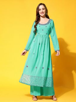 Poshak Hub - Turquoise Round Neck Embroidered Kurta with Sharara