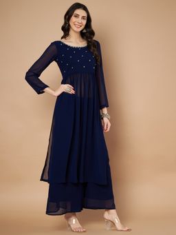 Poshak Hub - Blue Round Neck Embellished Kurta with Sharara
