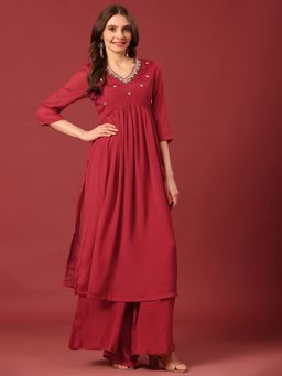Poshak Hub - Maroon V-Neck Embroidered Kurta with Sharara