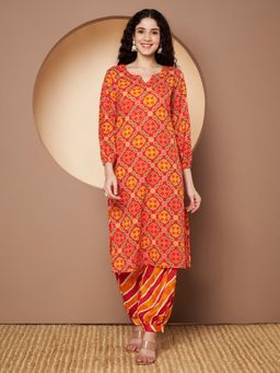 Poshak Hub - Orange Round Neck Printed Kurta with Salwar