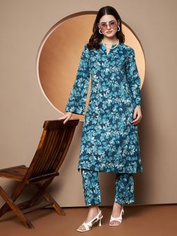 Poshak Hub - Blue Round Neck Floral Women Kurta with Palazzo