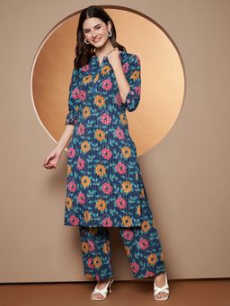 Poshak Hub - Blue Round Neck Floral Kurta with Palazzo