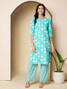 Poshak Hub - Turquoise Round Neck Floral Kurta with Palazzo