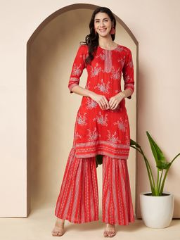 Poshak Hub - Red Round Neck Floral Kurta with Sharara