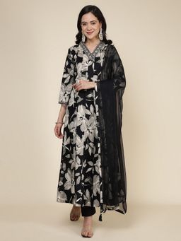 MEENA BAZAAR - Black V-Neck Printed Kurta with Pant and Dupatta