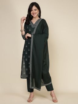 MEENA BAZAAR - Green V-Neck Printed Kurta with Pant and Dupatta