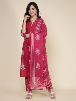 MEENA BAZAAR - Pink V-Neck Printed Kurta with Pant and Dupatta