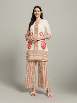 MEENA BAZAAR - Beige Round Neck Printed Kurta with Pant