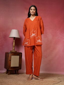 MEENA BAZAAR - Rust V-Neck Printed Co-Ord Set