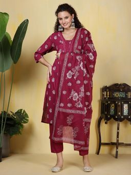 MEENA BAZAAR - Magenta V-Neck Embroidered Kurta with Pant and Dupatta