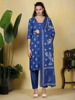 MEENA BAZAAR - Blue V-Neck Embroidered Kurta with Pant and Dupatta