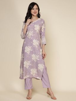 MEENA BAZAAR - Mauve V-Neck Printed Kurta with Pant
