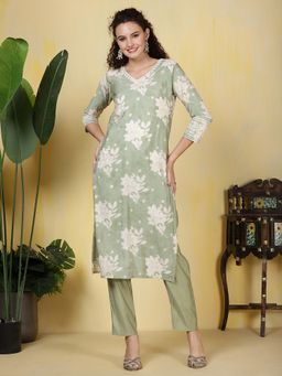 MEENA BAZAAR - Green V-Neck Printed Kurta with Pant