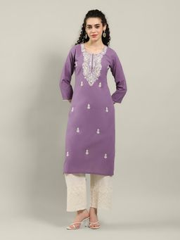 MEENA BAZAAR - Lavender Round Neck Embroidered Kurta with Pant