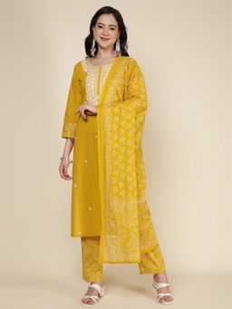 MEENA BAZAAR - Mustard Round Neck Embroidered Kurta with Pant and Dupatta