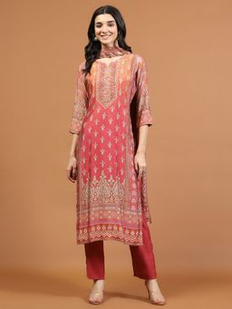 MEENA BAZAAR - Pink Round Neck Embroidered Women Kurta with Pant and Dupatta