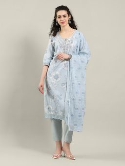 MEENA BAZAAR - Blue Round Neck Embroidered Kurta with Pant and Dupatta
