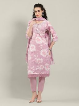 MEENA BAZAAR - Pink Round Neck Embroidered Women Kurta with Pant and Dupatta