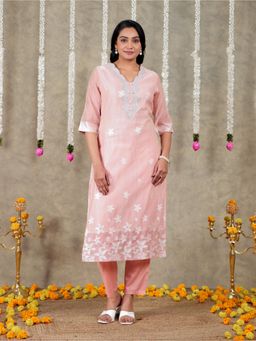 ARAMYA - Women Peach Chanderi Floral Kurta with Pant