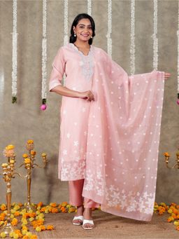 ARAMYA - Women Peach Chanderi Floral Kurta with Pant and Dupatta