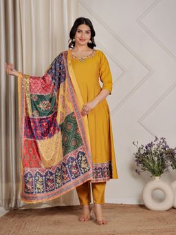 ARAMYA - Women Yellow Muslin Floral Kurta with Pant and Dupatta
