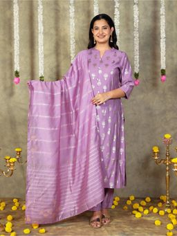 ARAMYA - Women Purple Silk Blend Embroidered Kurta with Pant and Dupatta