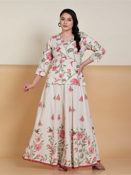 ARAMYA - Women Off White Pure Cotton Floral Kurta with Skirt