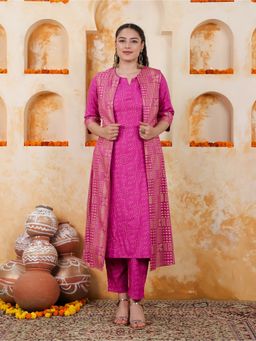ARAMYA - Women Pink Viscose Geometric Kurta with Pant and Dupatta