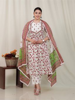 ARAMYA - Women Off White Pure Cotton Floral Kurta with Pant and Dupatta