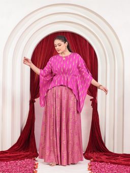 ARAMYA - Women Pink Viscose Floral Kaftan Kurta with Skirt