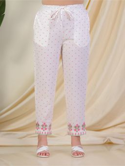ARAMYA - Women Off White Soft Cotton Floral Pant