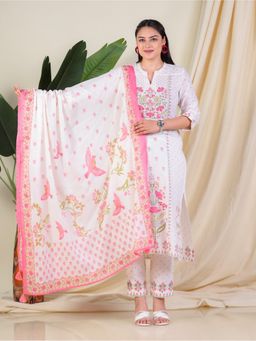 ARAMYA - Women Off White Pure Cotton Floral Kurta with Pant and Dupatta