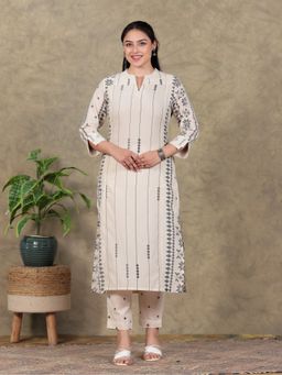 ARAMYA - Women Cream Pure Cotton Geometric Kurta with Pant