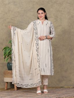 ARAMYA - Women Cream Pure Cotton Geometric Kurta with Pant and Dupatta
