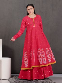 ARAMYA - Women Red Pure Cotton Geometric Kurta with Skirt