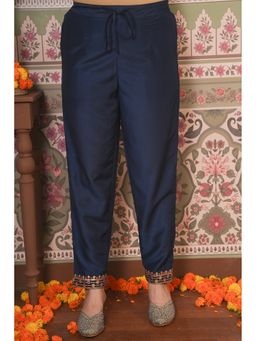 ARAMYA - Women Navy Blue Poly Silk Solid Pants