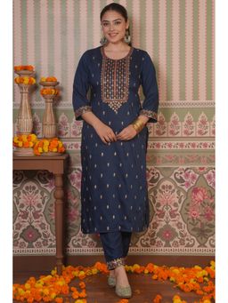 ARAMYA - Women Navy Blue Poly Silk Embroidered Kurta with Pant