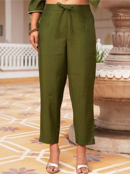 ARAMYA - Women Green Roman Silk Solid Pant