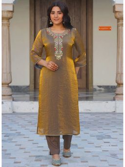ARAMYA - Women Gold Organza Embroidered Kurta with Pant
