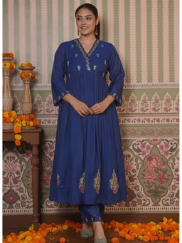 ARAMYA - Women Blue Silk Blend Embroidered Kurta with Pant