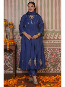 ARAMYA - Women Blue Silk Blend Embroidered Kurta with Pant and Dupatta